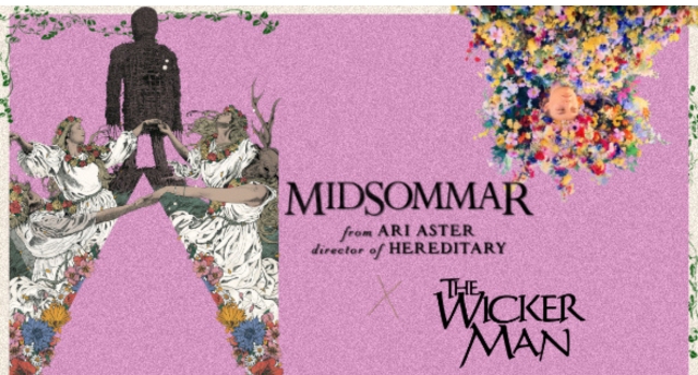 Midsommar from Ari Aster director of Hereditary. The Wicker Man. official film promotion images including drawings of a wicker man, women and flowers.